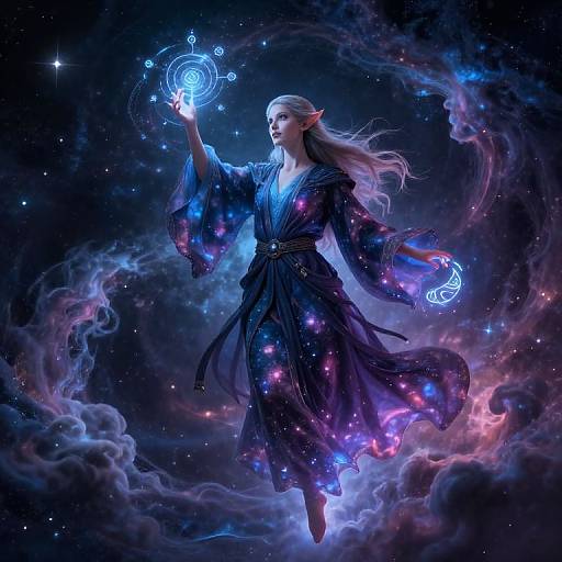 Digital fantasy artwork of a blonde, elven woman in a flowing, dark robe, floating in a starry, cosmic sky, casting glowing blue magic