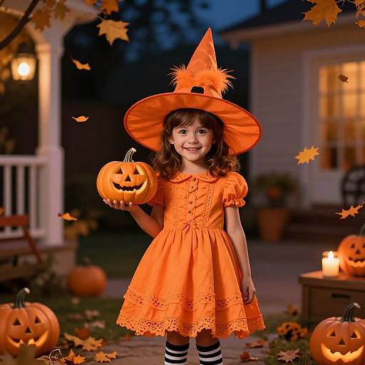 Photograph of a young girl in an orange Halloween dress and witch hat, holding a carved pumpkin, surrounded by lit jack-o'-lanterns and