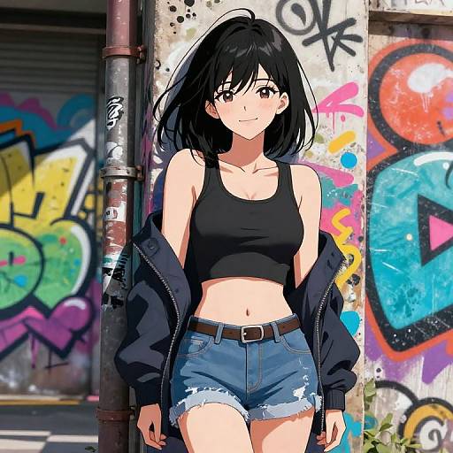 Anime-style digital illustration of a cute, black-haired girl in a black crop top, denim shorts, and unzipped jacket, standing in front of