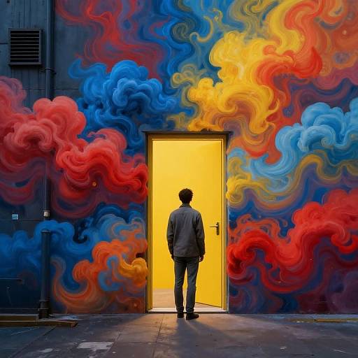 Photograph: Silhouetted man in gray suit stands in bright yellow door against vibrant, swirling red, blue, and orange graffiti wall.