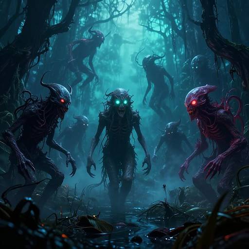 Digital art: Dark, eerie forest with glowing blue moonlight. Central, glowing-eyed monstrous figure surrounded by shadowy, twisted creatures with red eyes,