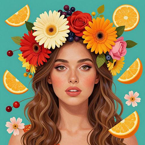 Digital illustration of a fair-skinned woman with wavy brown hair, wearing a colorful flower crown with sunflowers, roses, and berries, against a