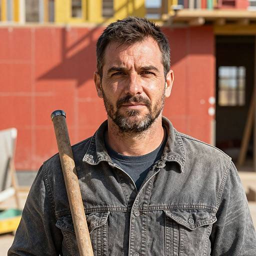 Photograph of a bearded, middle-aged man with dark hair and stubble, wearing a black denim shirt, holding a wooden tool, standing in