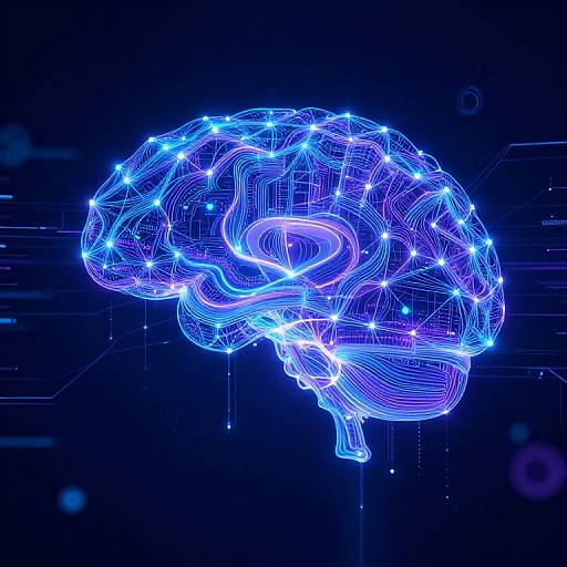 Digital CGI of a glowing blue neon brain, outlined with bright blue and white lights, set against a dark, tech-themed background.