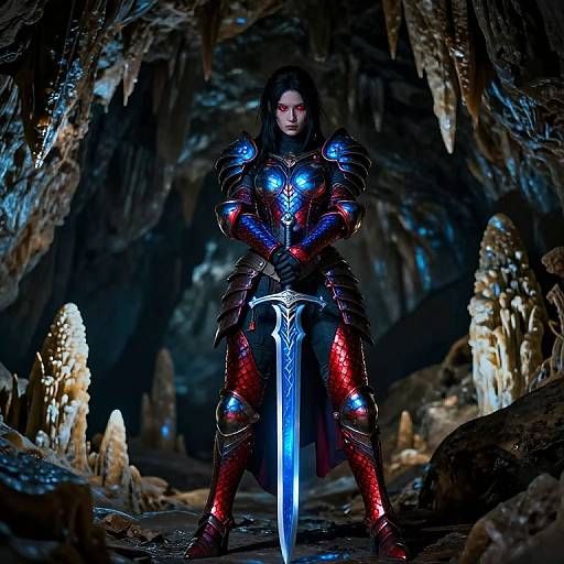 Digital artwork of a fierce female warrior with glowing blue and red armor, holding a blue sword, standing in a dark, cavernous cave.