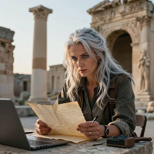 Photograph of a silver-haired woman with blue eyes, wearing a denim shirt, studying a parchment in an ancient ruins courtyard with a laptop and pen in