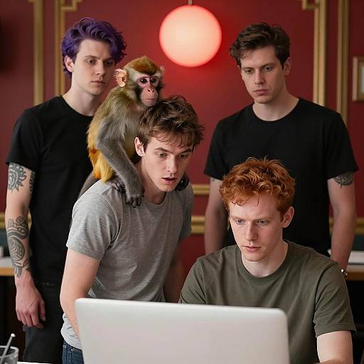 Four Young Men and a Monkey Around Laptop