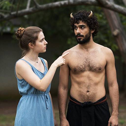 Shirtless man with horns and woman in blue dress outdoors