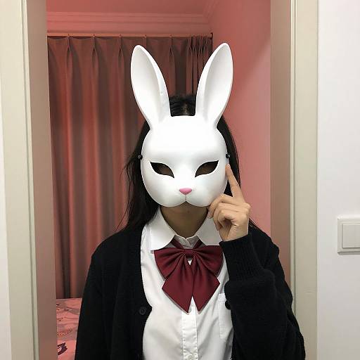 Woman Wearing Bunny Mask and School Uniform
