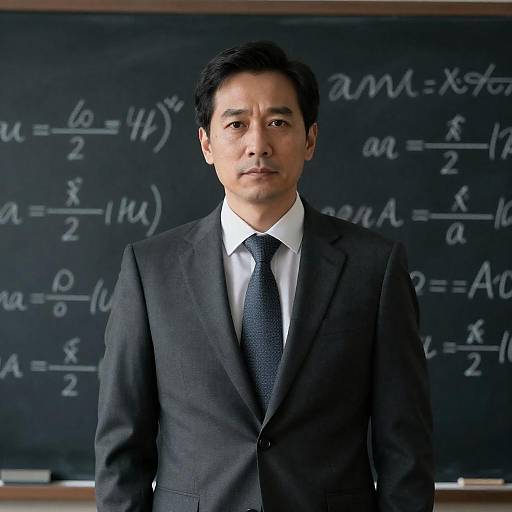 Serious Scholar in Front of Chalkboard