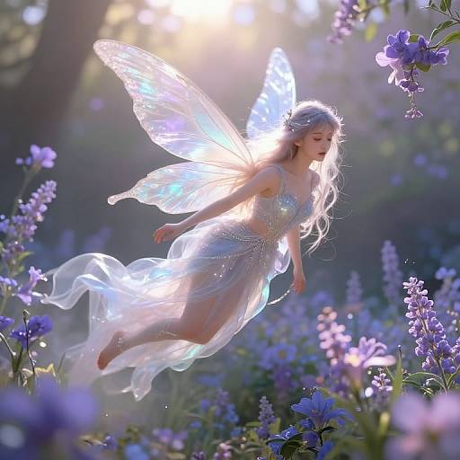Photograph of a glowing fairy with translucent blue wings, wearing a shimmering silver dress, floating among sunlit purple flowers in a magical forest.