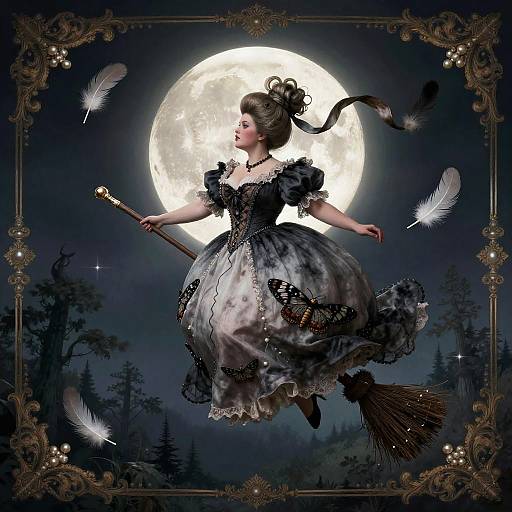 Moonlit Gothic Witch on Feathered Broom