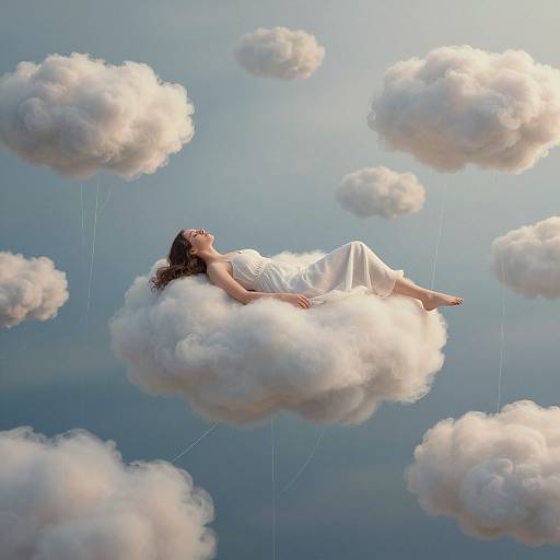 Photograph of a woman with long brown hair, wearing a white dress, floating on a fluffy cloud amidst a blue sky, surrounded by other white clouds