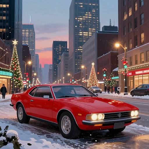 Photograph of a vibrant red vintage car driving through a snow-covered city street at dusk, decorated with Christmas lights and trees.