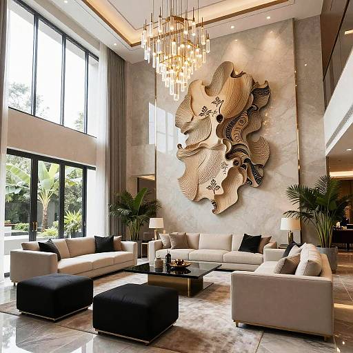 Luxurious living room photograph: beige sofas, black ottomans, glass coffee table, large abstract wall art, chandelier, tall windows, p