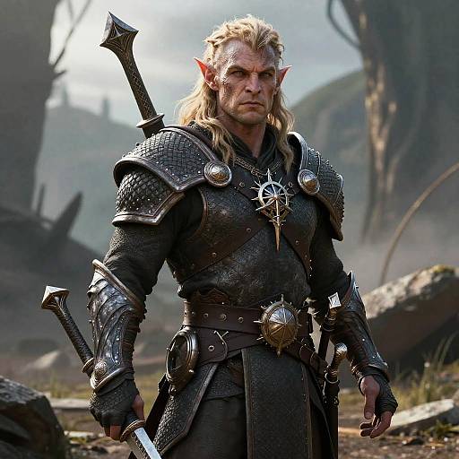 Photorealistic CGI of a stern, blonde, elven warrior with pointed ears, wearing dark, armored clothing, holding a sword, in a mist