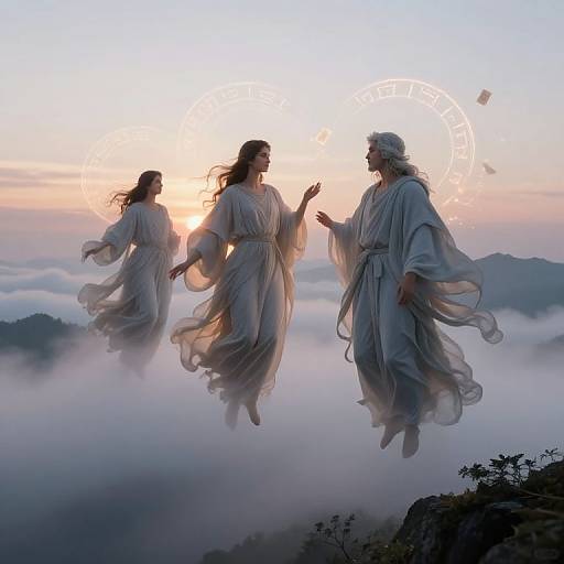 Photograph of three ethereal, flowing-robed figures floating amidst misty mountains at sunrise, with a glowing halo and Ferris wheel in the background