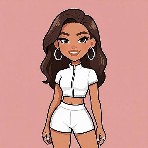 Digital illustration of a confident, brown-skinned woman with long, dark brown hair, wearing a white crop top and high-waisted shorts, large