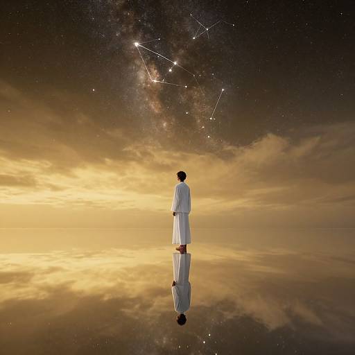 Photograph of a solitary figure in white robe, standing on reflective surface, gazing at starry, cloudy night sky with constellation.