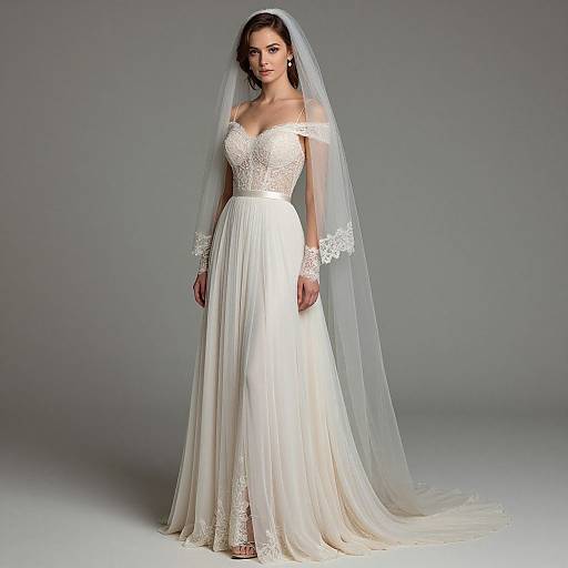 Photograph of a beautiful woman in an off-shoulder, white lace wedding dress with a long veil, standing against a gray background.