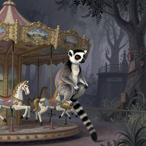 Digital illustration: A lemur with black and white fur rides a whimsical, ornate carousel horse in a mystical, moonlit forest.