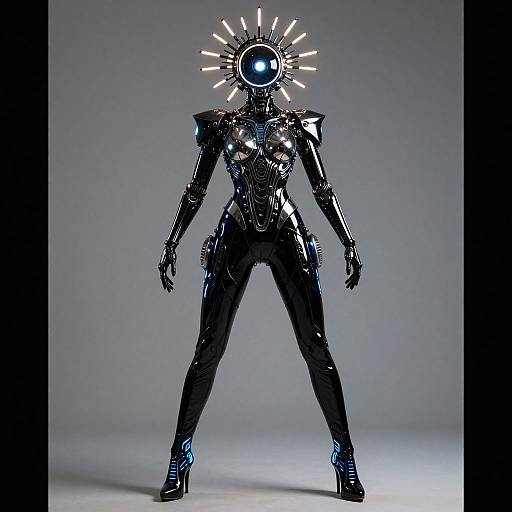 Photograph of a futuristic, black, metallic humanoid robot with a glowing blue circular head, sun-like radiant lights, and high-heeled boots.
