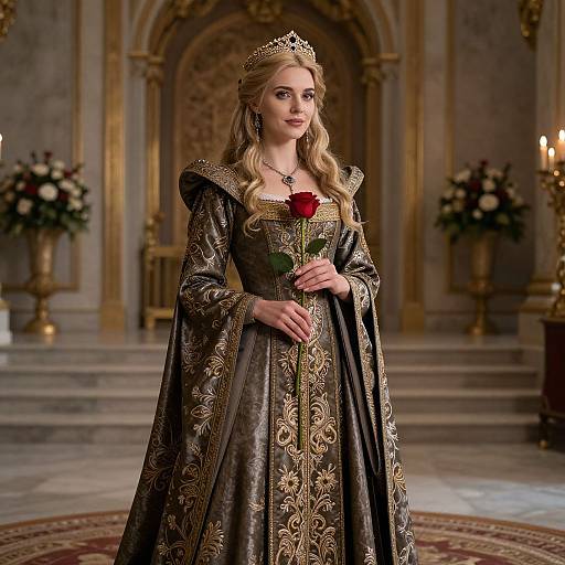 Photograph of a blonde woman in an ornate medieval gown, holding a red rose, standing in an opulent, gold-accented hall.
