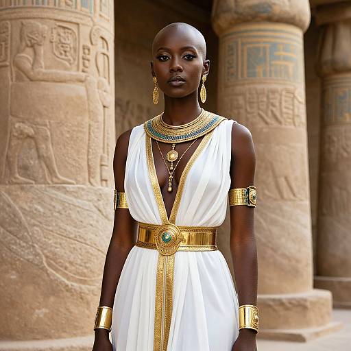Photograph of a dark-skinned, bald woman in an ancient Egyptian-style white dress with gold trim, jewelry, and arm bands, standing in front