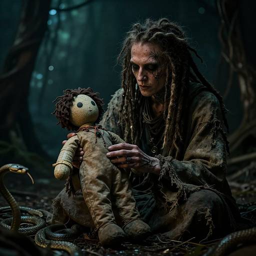 Photograph: Dark forest, eerie lighting, man with dreadlocks and tattered clothes, holding worn, stitched doll with snake beside him.