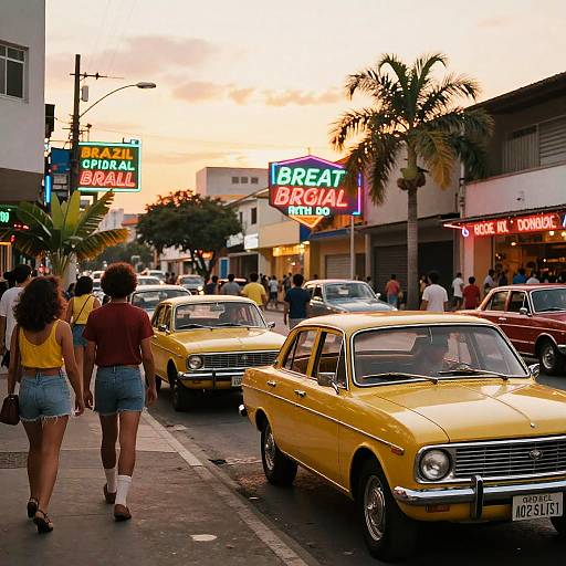 Photograph of a bustling urban street at sunset, featuring yellow vintage cars, neon signs, palm trees, and pedestrians, including a woman in a yellow