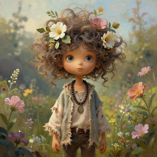 Digitally painted doll with curly brown hair, flower crown, worn blue vest, and necklace, standing in a vibrant, sunlit meadow.