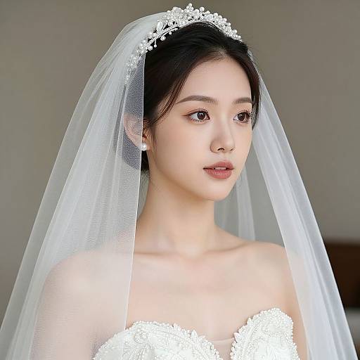 Photograph of an East Asian bride with fair skin, dark hair, and brown eyes, wearing a white lace tiara, veil, and strapless