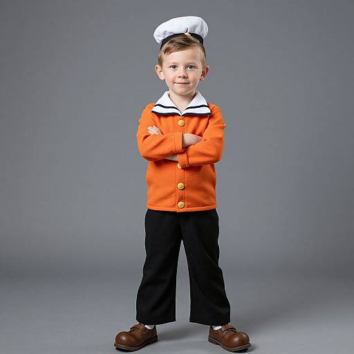 Photograph of a young boy with light skin, brown hair, and a small smile, standing confidently in a sailor outfit with an orange cardigan,