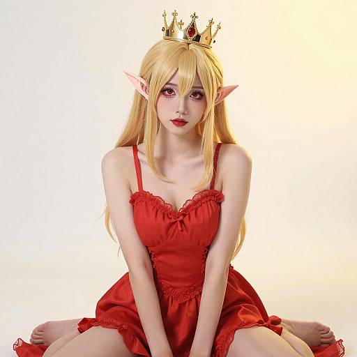 Blonde Elf Cosplayer in Red Dress