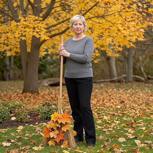 Photograph of a smiling middle-aged woman with short blonde hair, wearing a gray sweater and black pants, holding a broom with autumn leaves, standing