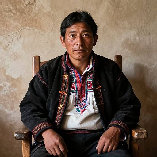Photograph of an older Asian man with short black hair, wearing a traditional embroidered black jacket over a white shirt, sitting on a wooden chair against a