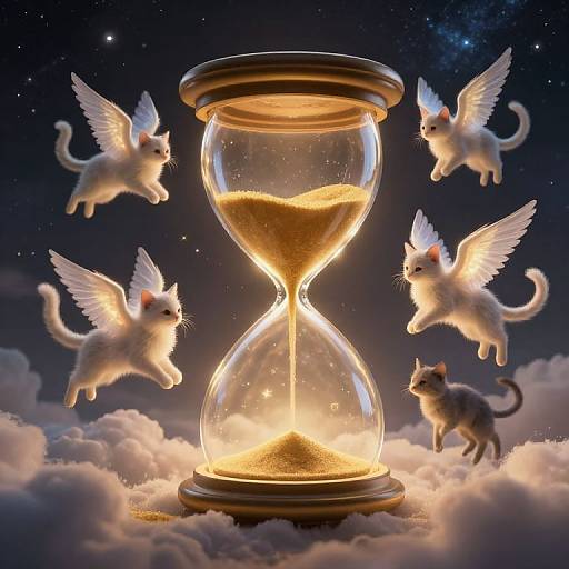 Digital artwork: Illuminated hourglass with golden sand, surrounded by four glowing angelic kittens and one ordinary kitten, floating on fluffy clouds in a star