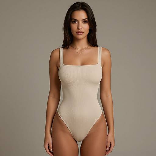 Photograph of a young woman with long dark hair, wearing a white, ribbed, high-cut one-piece swimsuit, standing against a plain gray