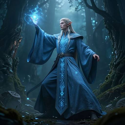 Digital fantasy artwork of a white-haired, elven mage in a blue, glowing robe, casting a blue magical spell in a dark, misty forest