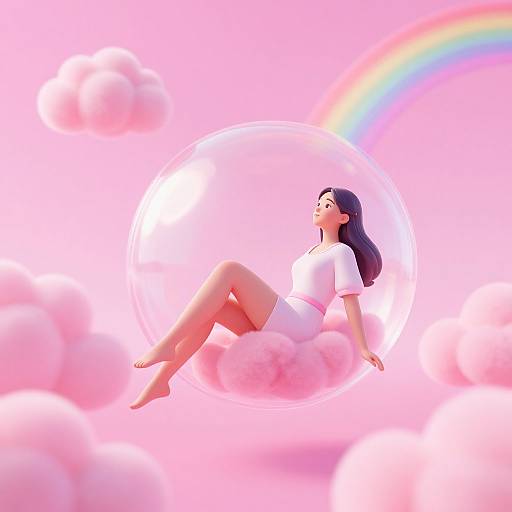 Digital illustration of a woman with long black hair, white dress, floating inside a glowing sphere, surrounded by pink clouds and a rainbow, set against a