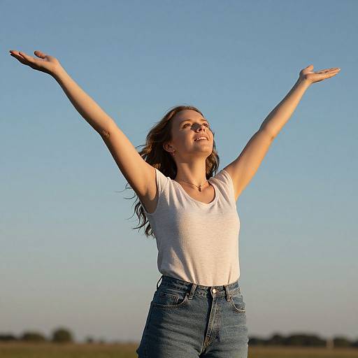 Photograph of a smiling woman with long brown hair, wearing a white t-shirt and blue jeans, arms raised joyfully against a clear blue sky.