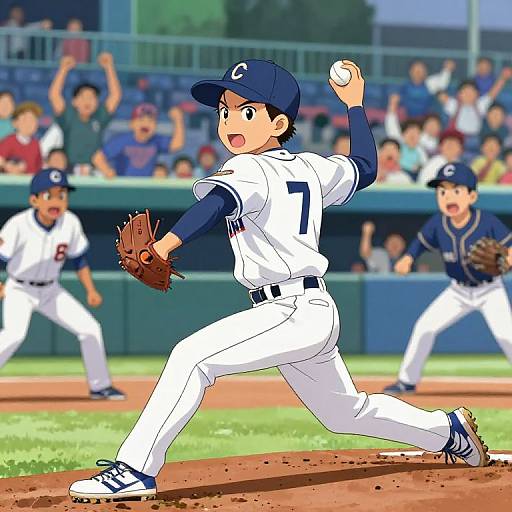 Digital anime-style drawing of a young male baseball pitcher in white and navy uniform, number 7, mid-throw, with two other players in the