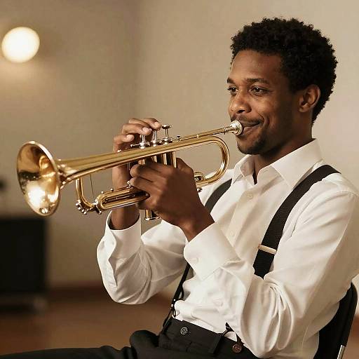 Photograph of a smiling Black man with short curly hair, wearing a white shirt and black suspenders, playing a golden trumpet indoors. Warm, softly