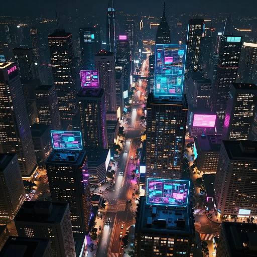 Aerial photograph of a neon-lit, futuristic cityscape at night. Skyscrapers with colorful digital billboards and illuminated streets create a vibrant