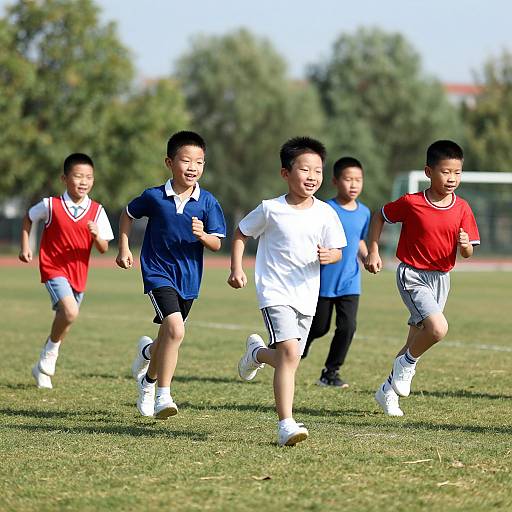 Photograph of five Asian boys running on a grassy field, wearing colorful sports shirts (red, blue, white) and shorts, with trees and