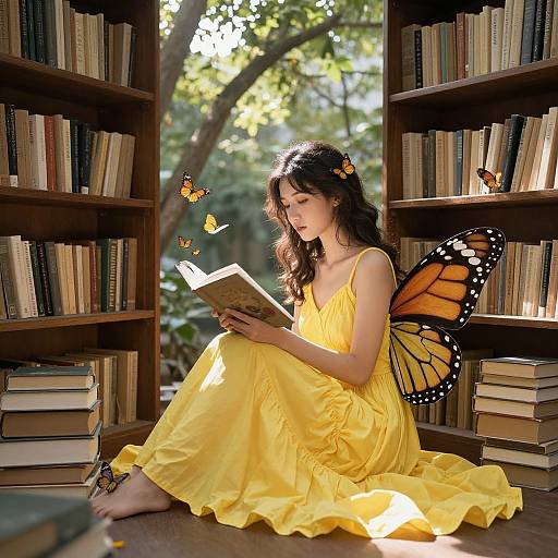 Photograph of a fair-skinned woman with black hair in a yellow dress and orange butterfly wings, reading a book between two bookshelves, surrounded