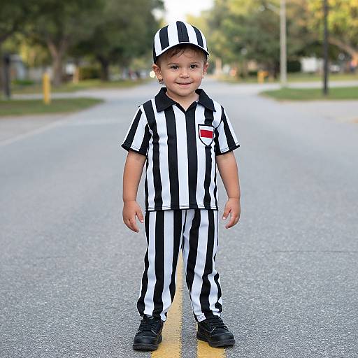 Photograph of a young boy with light skin and curly brown hair, wearing a black-and-white striped referee outfit and cap, standing on a sunny suburban