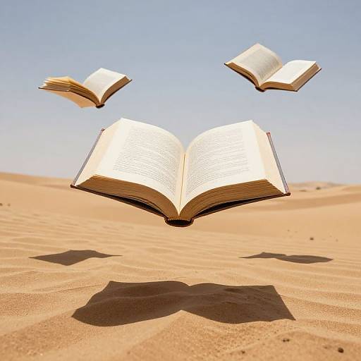 Photograph of three open books floating in a clear blue sky above a sunlit, sandy desert, casting distinct shadows on the sand.