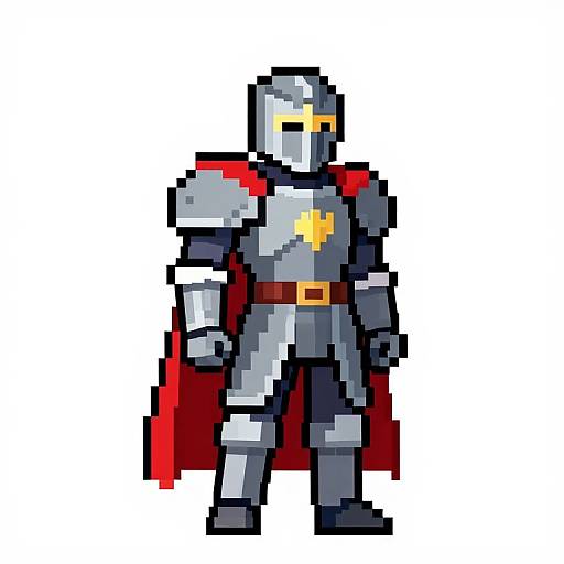 Pixel art of a silver knight with a yellow star on chest, red cape, and black pants, standing confidently.