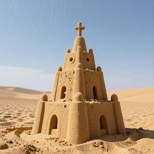 Photograph of a detailed sandcastle with a cross on top, set in a sunny, empty desert with distant sand dunes.